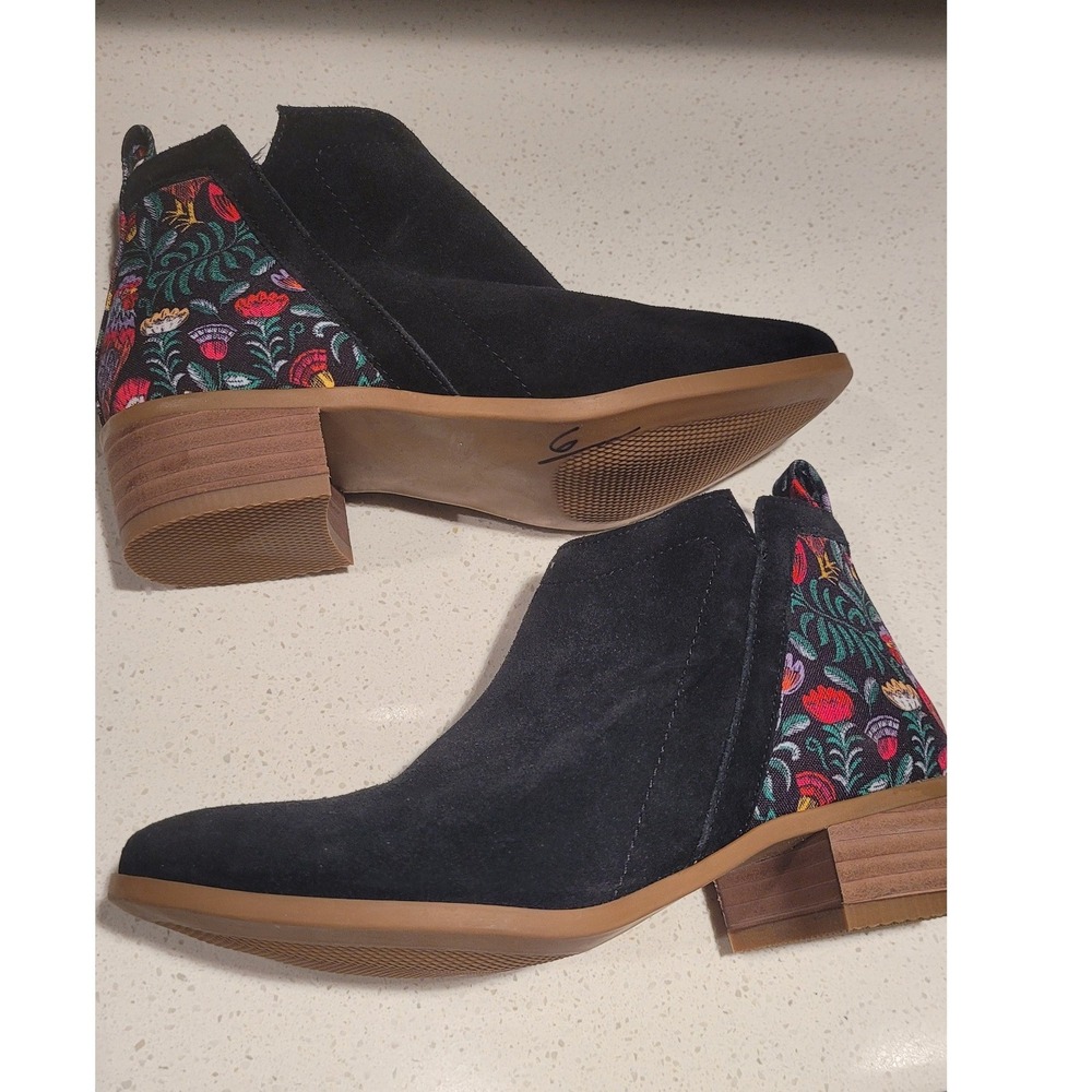 Inkkas Black Suede Floral Tapestry Ankle Boots Low Block Heel Side Zip Womens 7